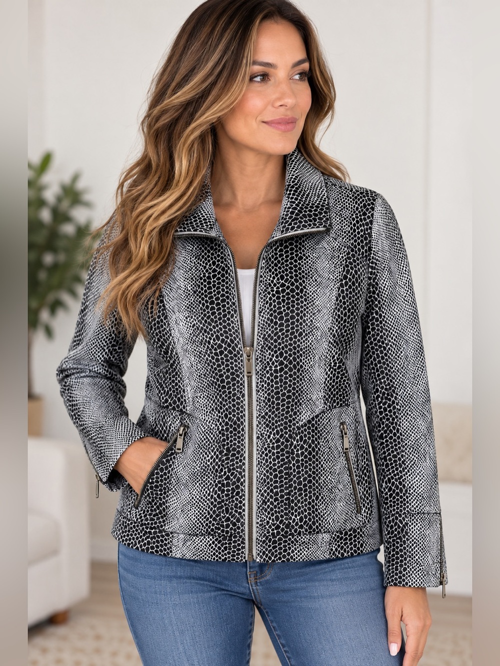 Dialogue Women’s Size M Snakeskin Print Faux Suede Zip Jacket Black White